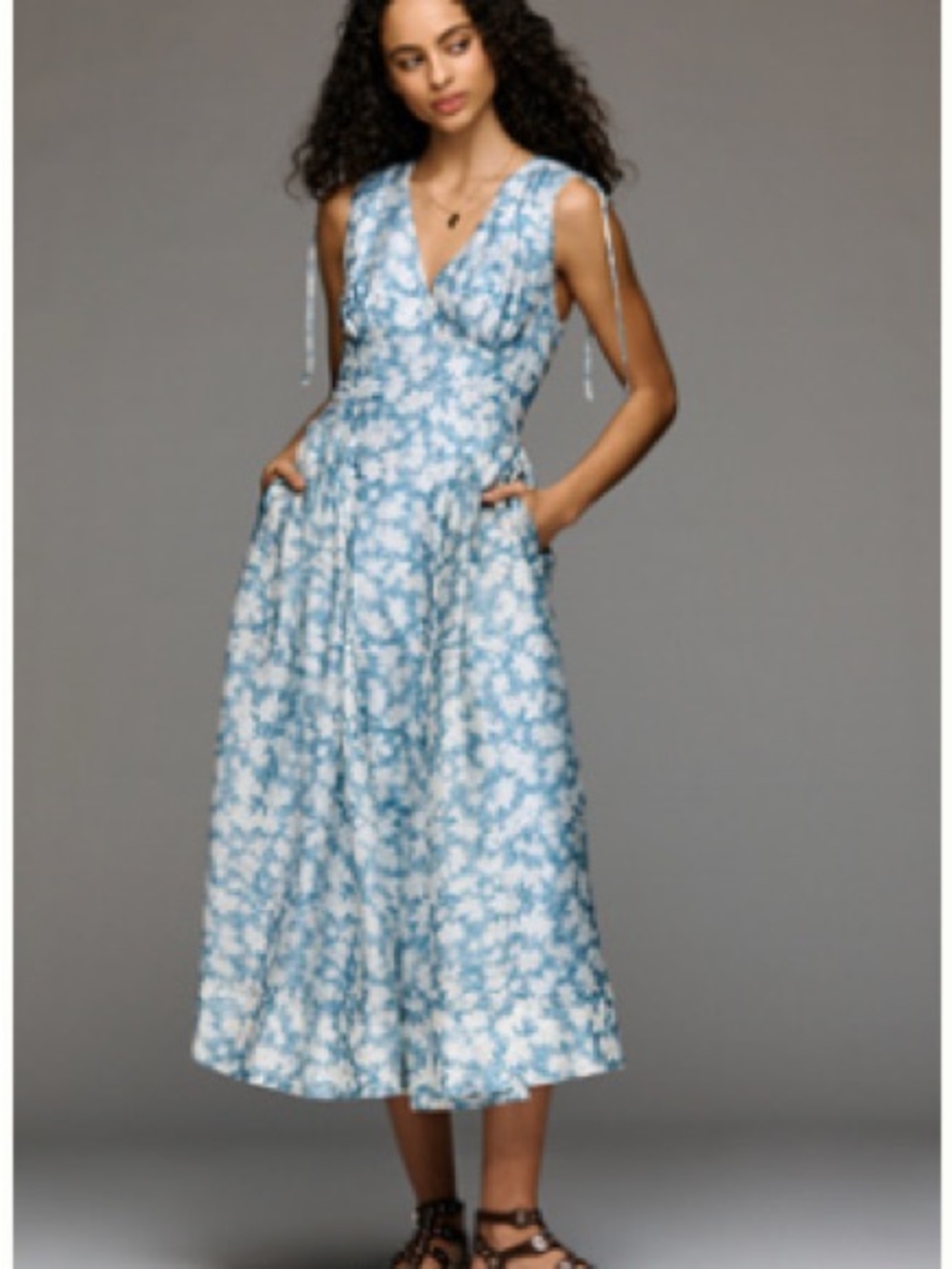 ASTR (by Anthropologie) Blue and White Floral Tie-Shoulder Midi Dress sz 1X $179